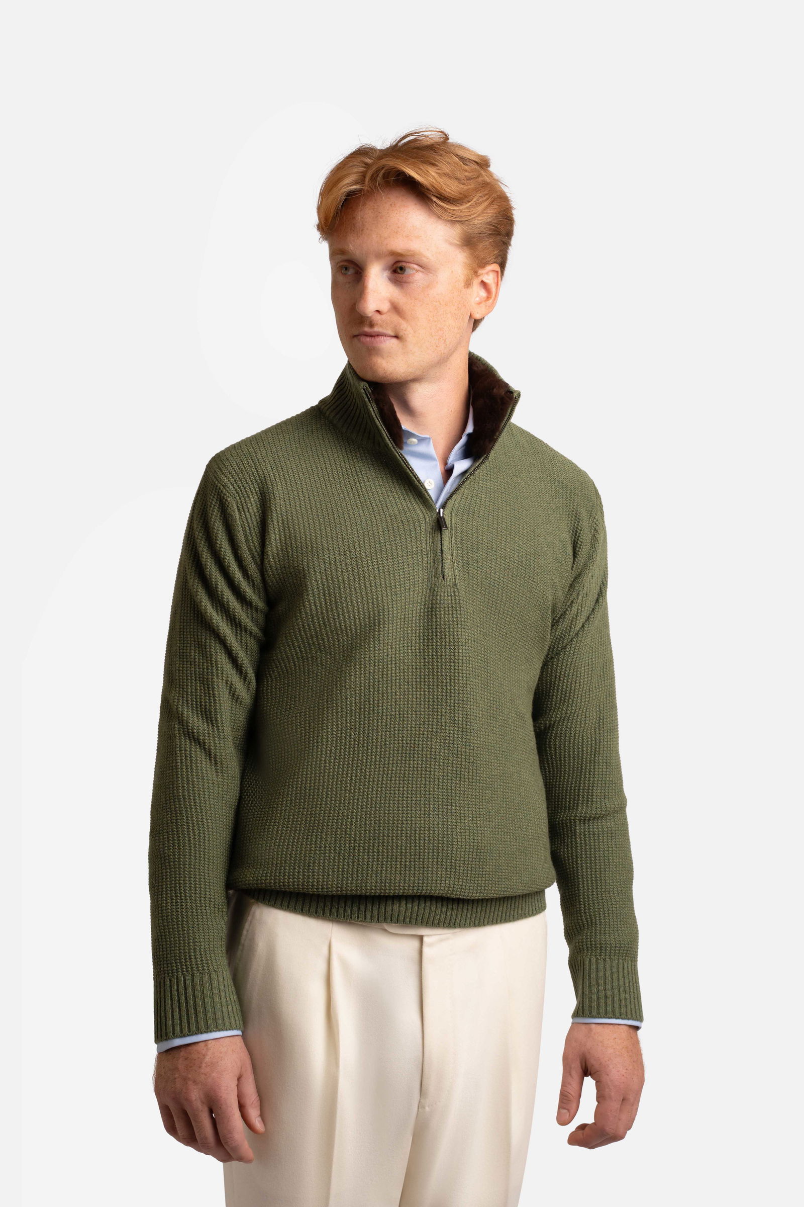 Half Zip Fur Collar Green - Sweaters - Cavour